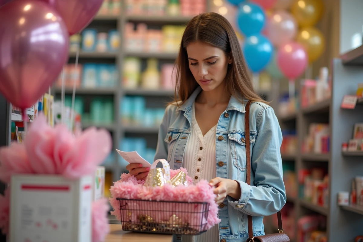 Jeune femme dans une boutique de fête qui vérifie le montant d'une note de courses pour préparer un enterrement de vie de jeune fille