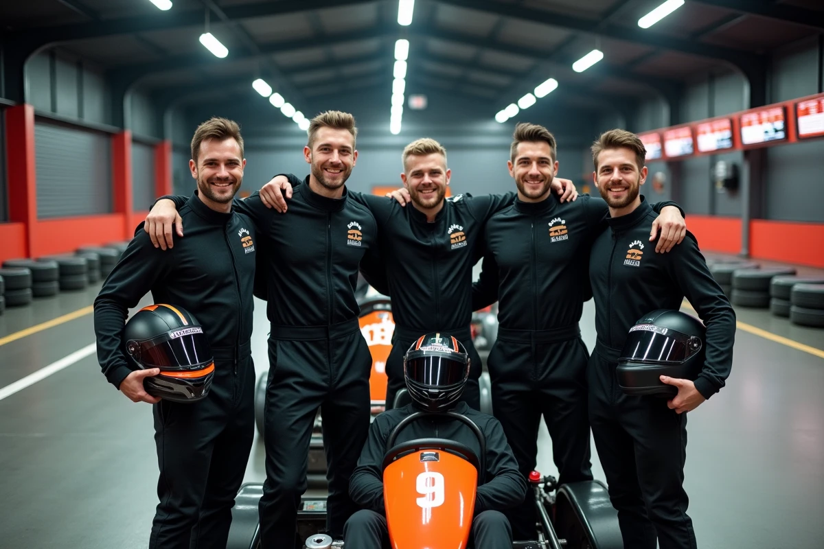 Groupe d'hommes en combinaison de karting lors d'une activité EVG sur circuit indoor