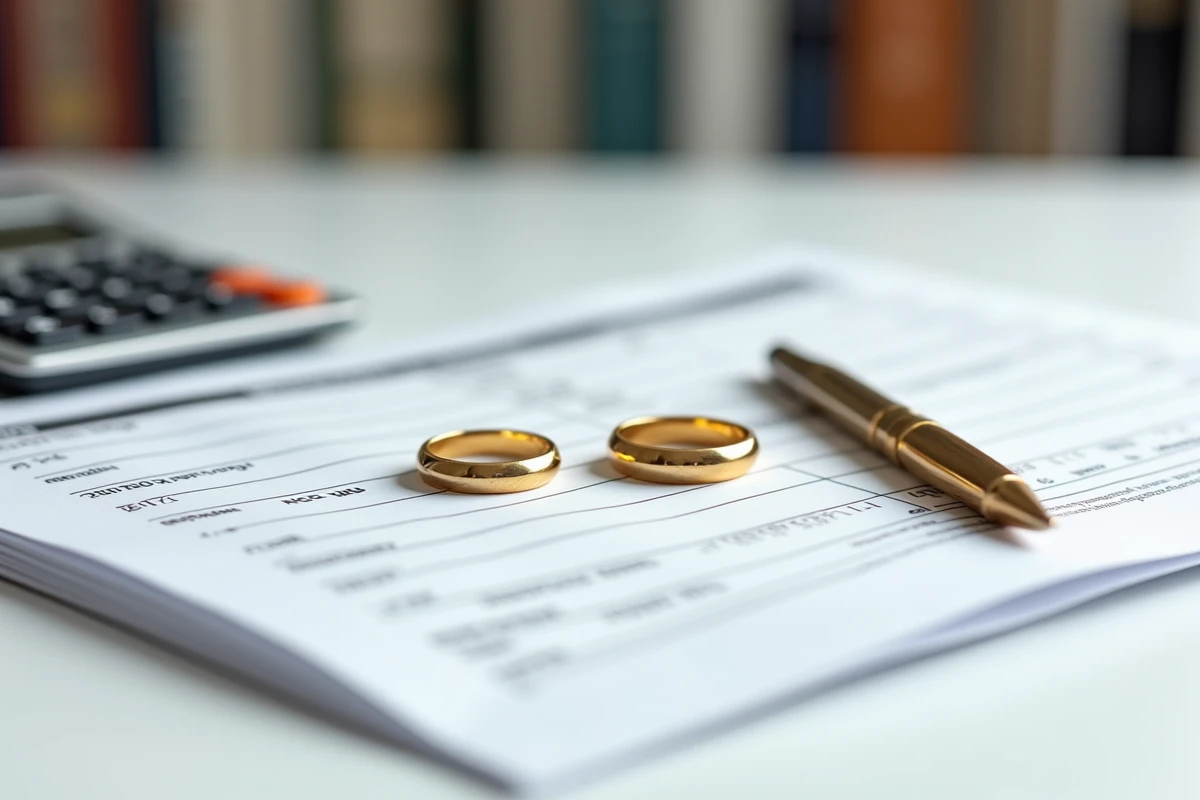 Alliances posées sur une déclaration de revenus française avec un stylo et une calculatrice, symbolisant l'impact fiscal du mariage