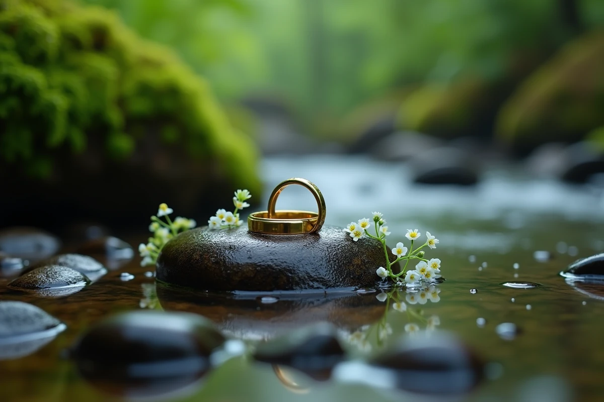 Alliances de mariage posées sur un galet mouillé au bord d'un ruisseau en forêt pour les noces d'eau
