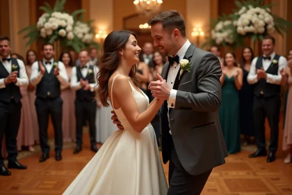 Couple de mariés dansant avec enthousiasme sur la piste lors d'une réception de mariage animée dans un élégant salon