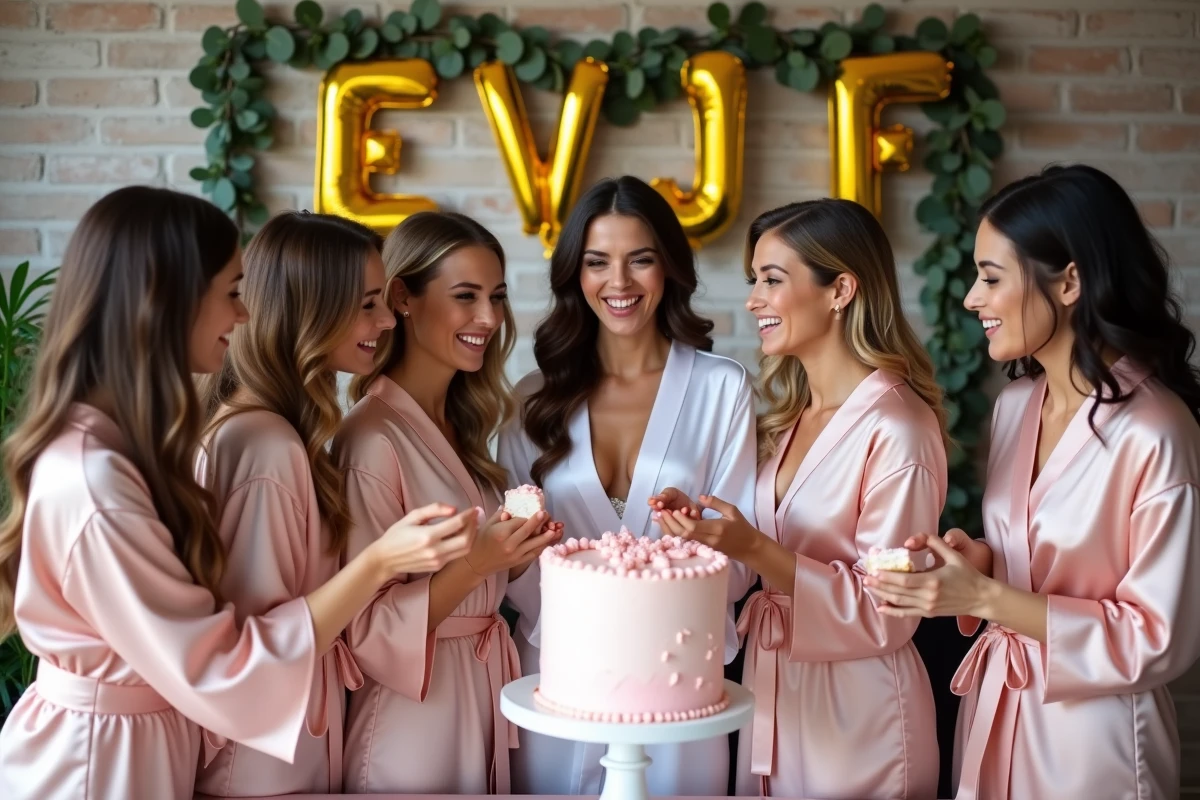 Groupe d'amies en robes satin rose célébrant un enterrement de vie de jeune fille autour d'un gâteau dans un appartement décoré