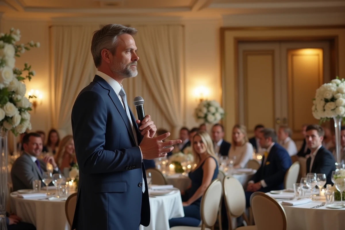 Animateur de mariage tenant un microphone devant les invités assis dans une salle de réception élégante