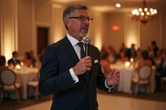 Animateur de mariage tenant un microphone et s'adressant aux invités dans une salle de réception élégante
