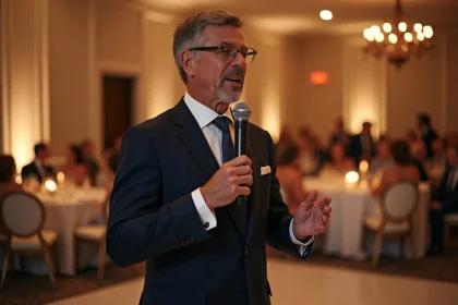 Animateur de mariage tenant un microphone et s'adressant aux invités dans une salle de réception élégante