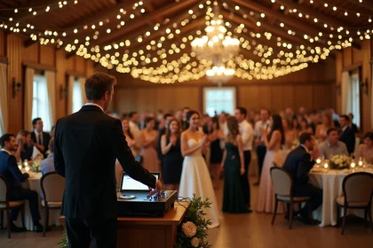 DJ animant une soirée de mariage dans une grange décorée de guirlandes lumineuses avec des invités qui dansent