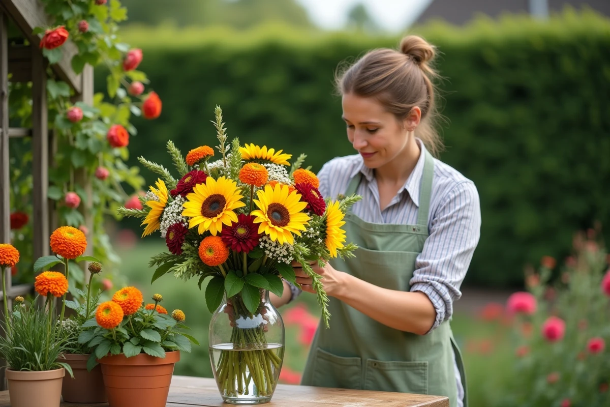 Femme arrangeant un mélange de tournesols, soucis et dahlias dans un jardin fleuri en plein été
