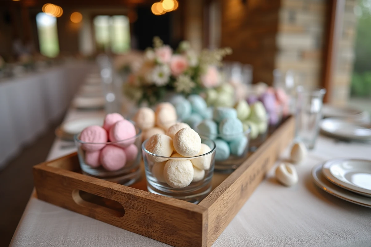 Bols en verre contenant chacun cinq dragées colorées disposés sur une table de réception de mariage champêtre