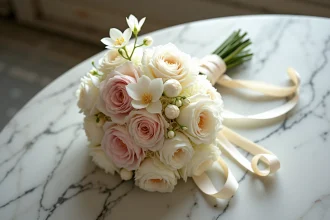 Bouquet de mariée de luxe composé de roses garden, pivoines et orchidées rares sur marbre blanc
