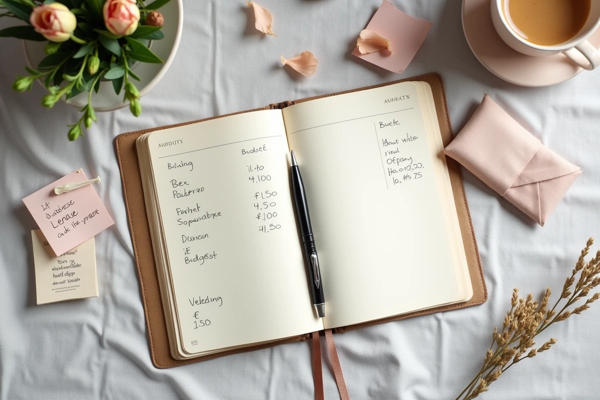 Vue de dessus d'un carnet de planification de mariage avec budget manuscrit et échantillons de tissu