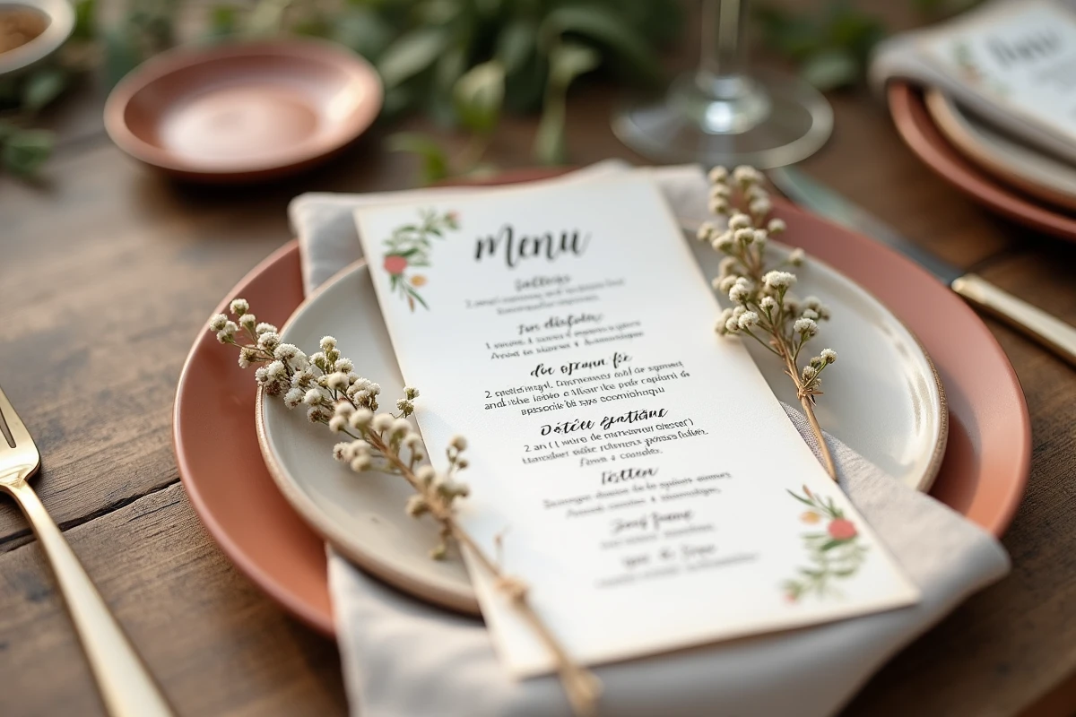 Carte de menu manuscrite en calligraphie sur papier texturé pour un mariage bohème champêtre