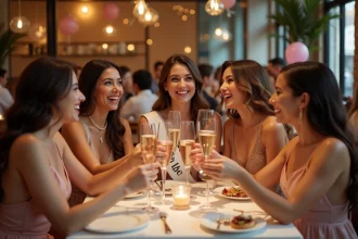 Groupe d'amies qui célèbrent un enterrement de vie de jeune fille au restaurant avec des coupes de champagne et des décorations festives
