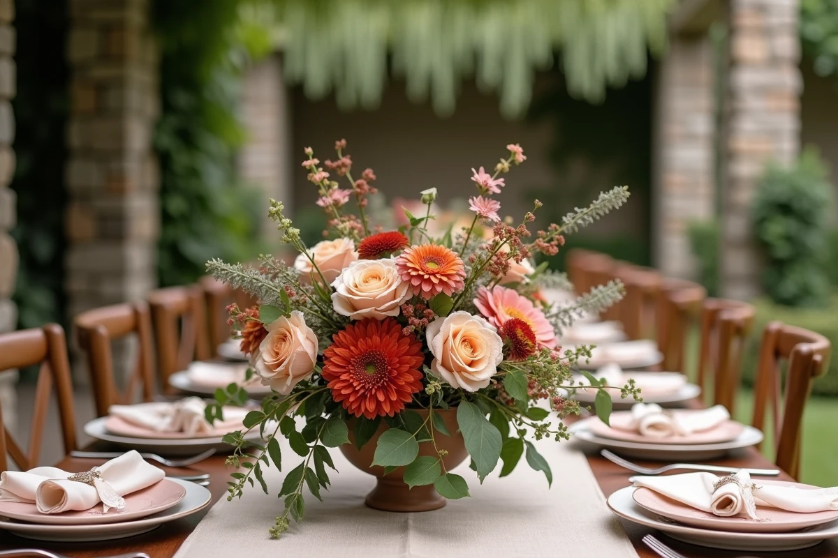 Centre de table de mariage avec fleurs en tons terracotta et rose poudré assorties à la décoration de réception