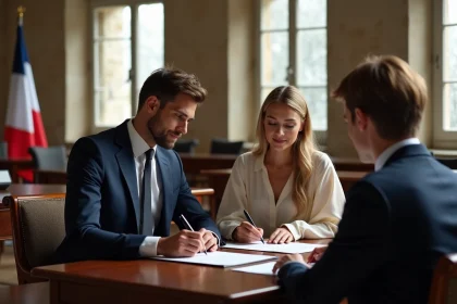 Couple signant des documents officiels lors d'une cérémonie de mariage civil en mairie