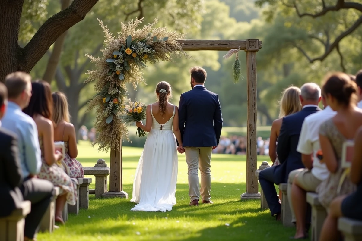 Petite cérémonie de mariage en plein air dans un jardin public avec une dizaine d'invités, décoration végétale fait-maison et tenue simple