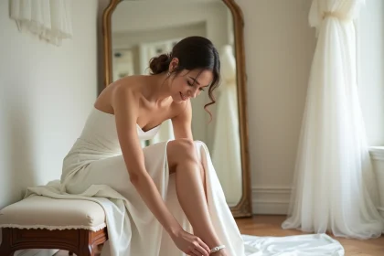 Femme élégante en robe de mariée blanche attachant une sandale à talon blanc dans une boutique de mariage lumineuse