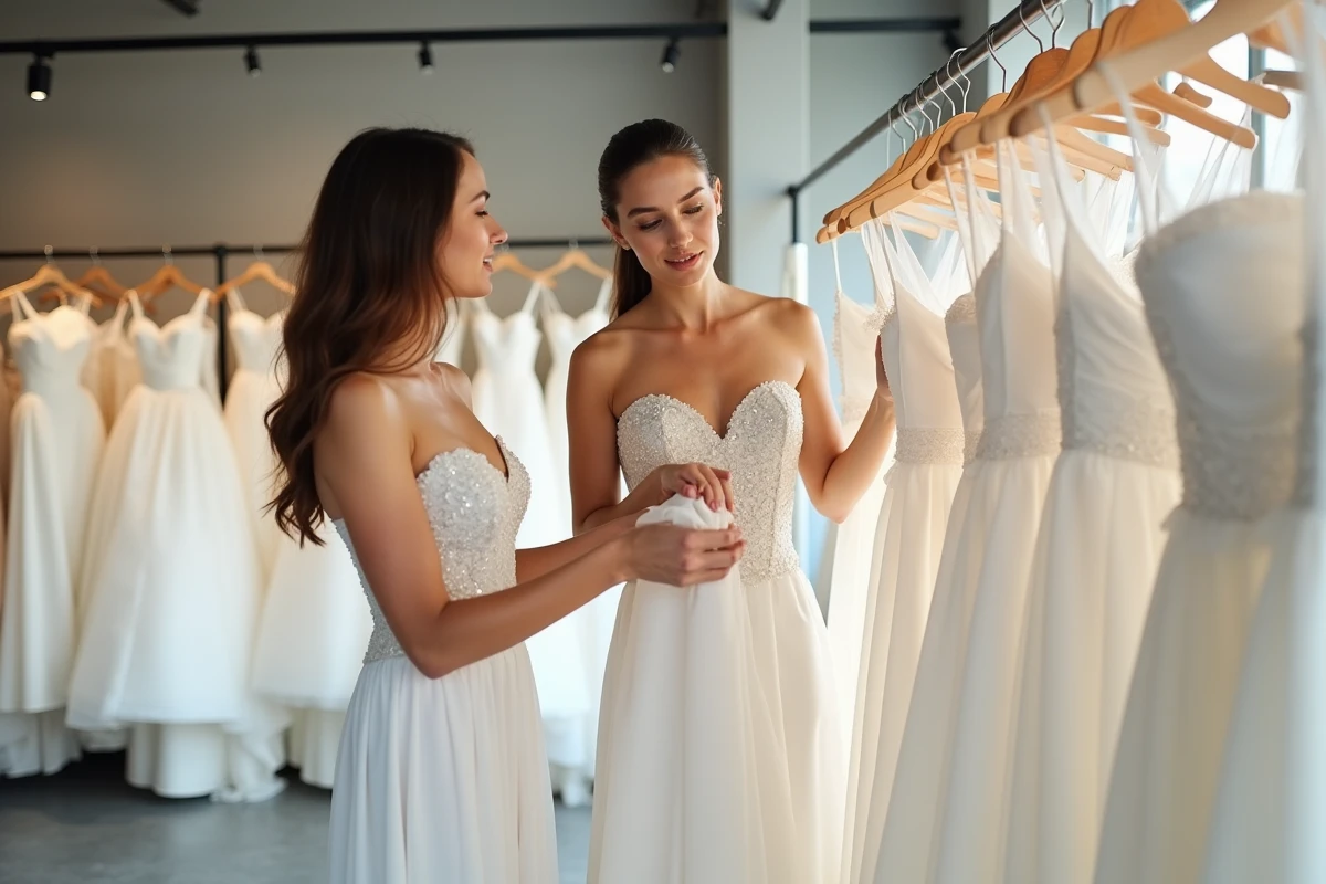 Deux femmes comparant des robes bustier de mariée pas chères dans un showroom de mariage moderne