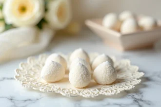 Cinq dragées blanches disposées sur un napperon en dentelle ivoire pour symboliser la tradition des cinq dragées de mariage