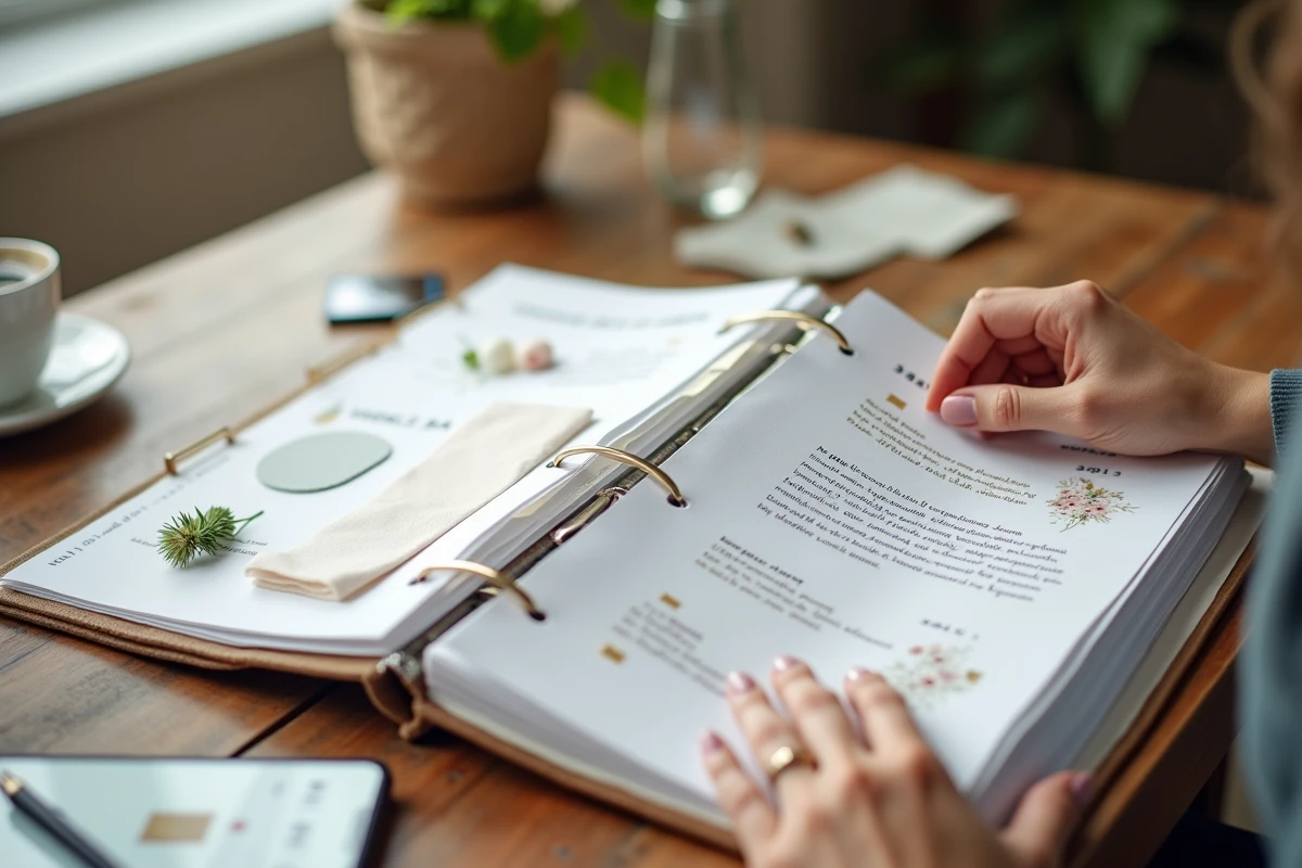 Classeur de planification de mariage ouvert avec devis de prestataires, échantillons de tissus et notes manuscrites