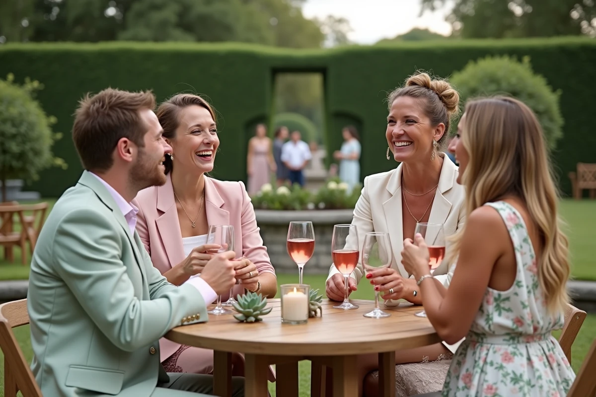 Groupe d'invités joyeux partageant un verre lors du cocktail de mariage dans un jardin fleuri à la française