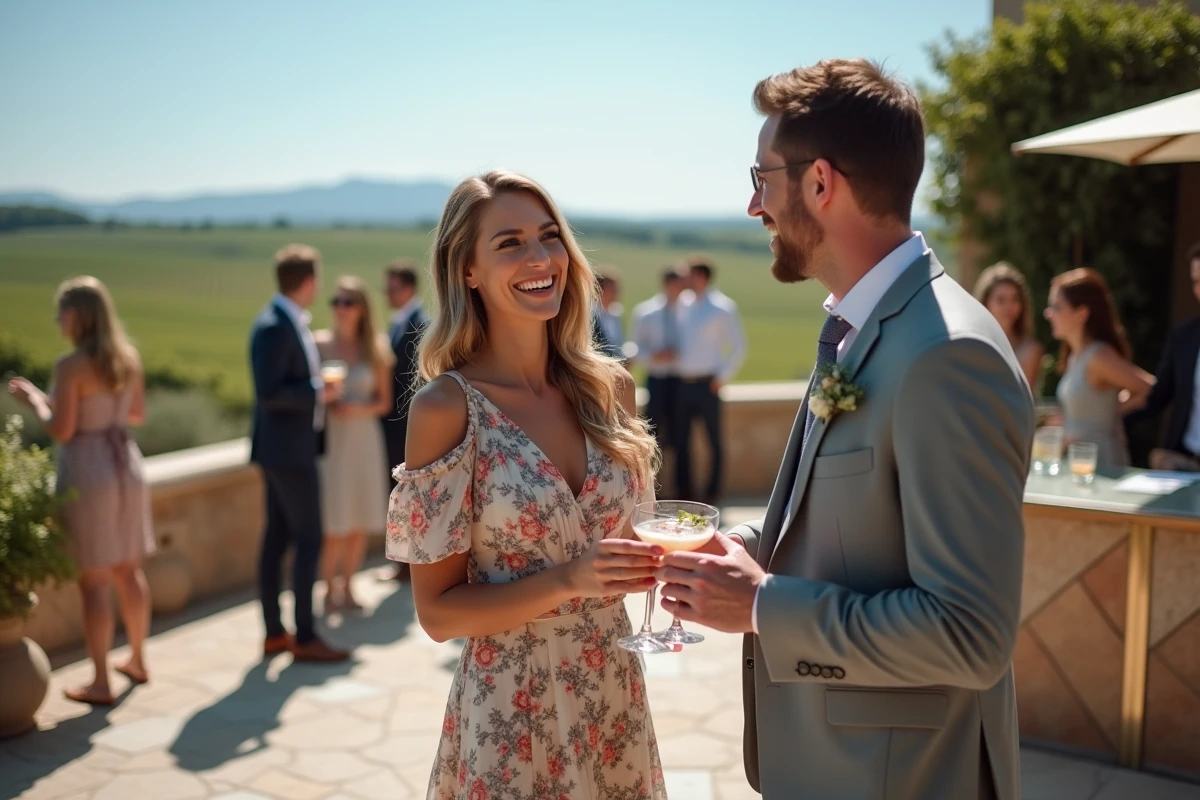 Invités de mariage discutant et riant pendant le cocktail sur une terrasse en pierre avec vue sur un vignoble