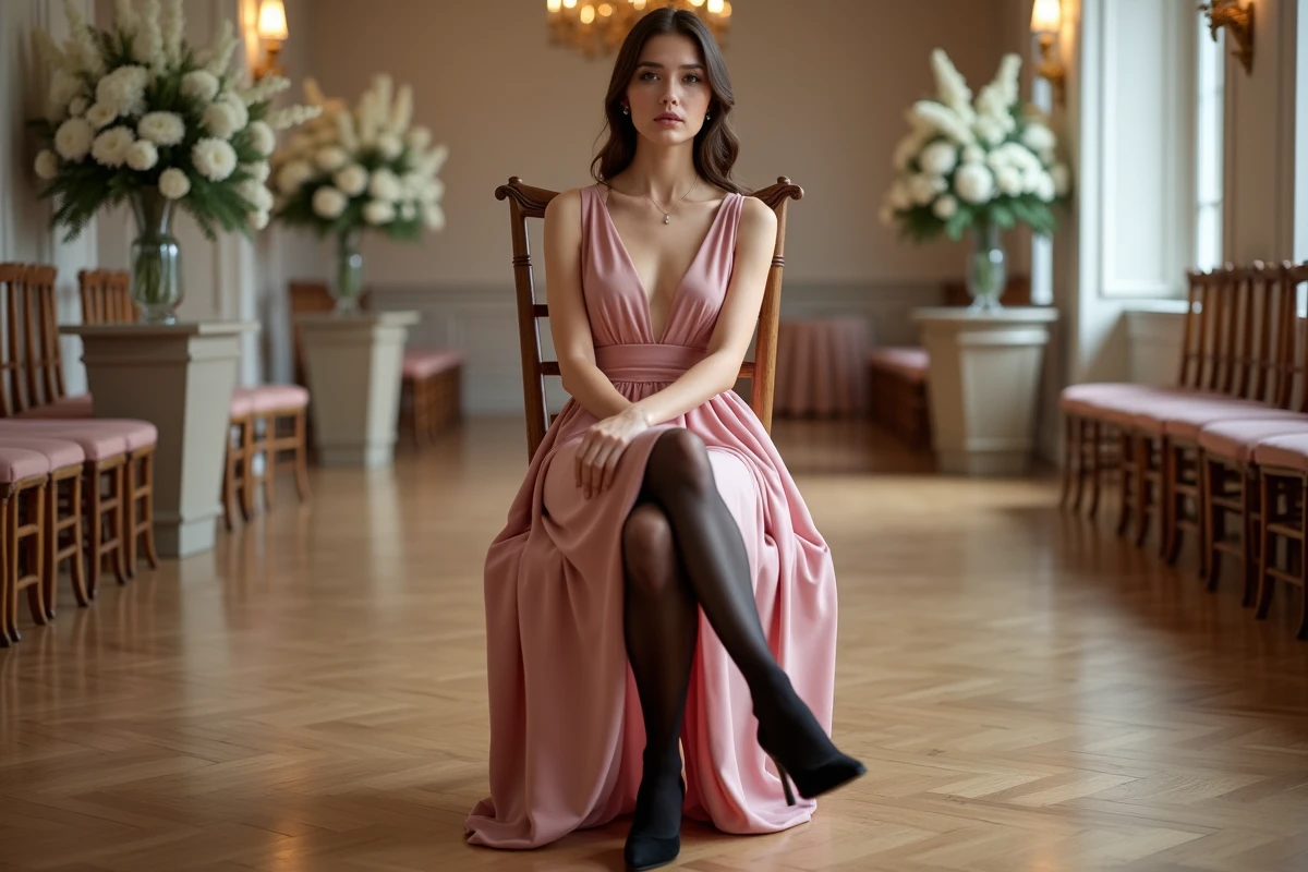Femme assise en robe rose et collants noirs pour un mariage dans une salle de réception élégante