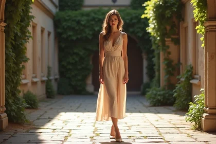 Femme en robe champagne et collants nude beige lors d'un mariage, vue en pied dans une cour d'église