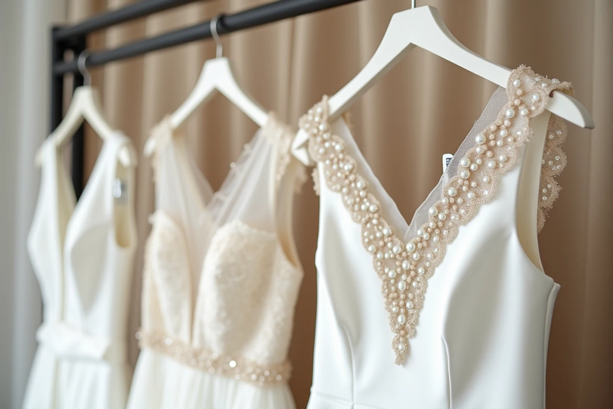 Comparaison détaillée entre une robe de mariée prêt-à-porter et une robe sur mesure brodée avec étiquettes de prix visibles