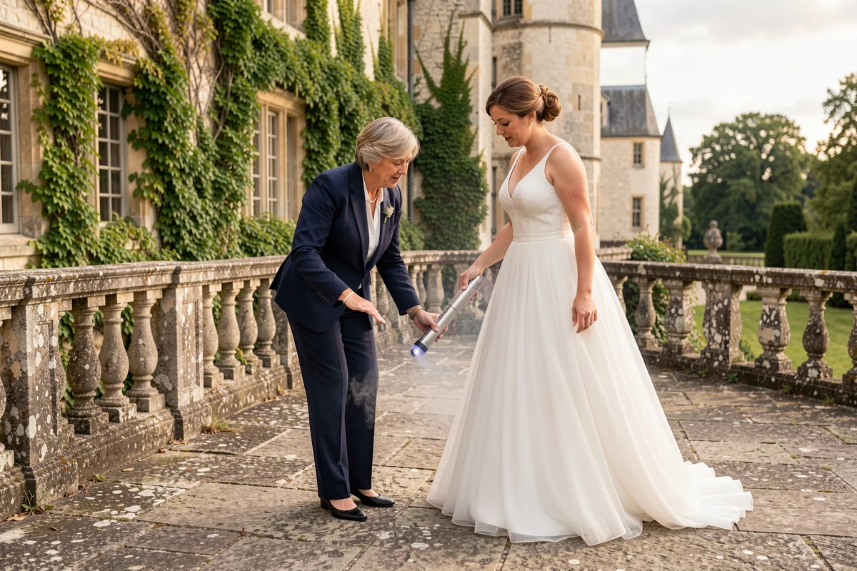Coordinatrice de mariage montrant à une mariée comment tenir un fumigène sans tacher sa robe blanche sur une terrasse de château