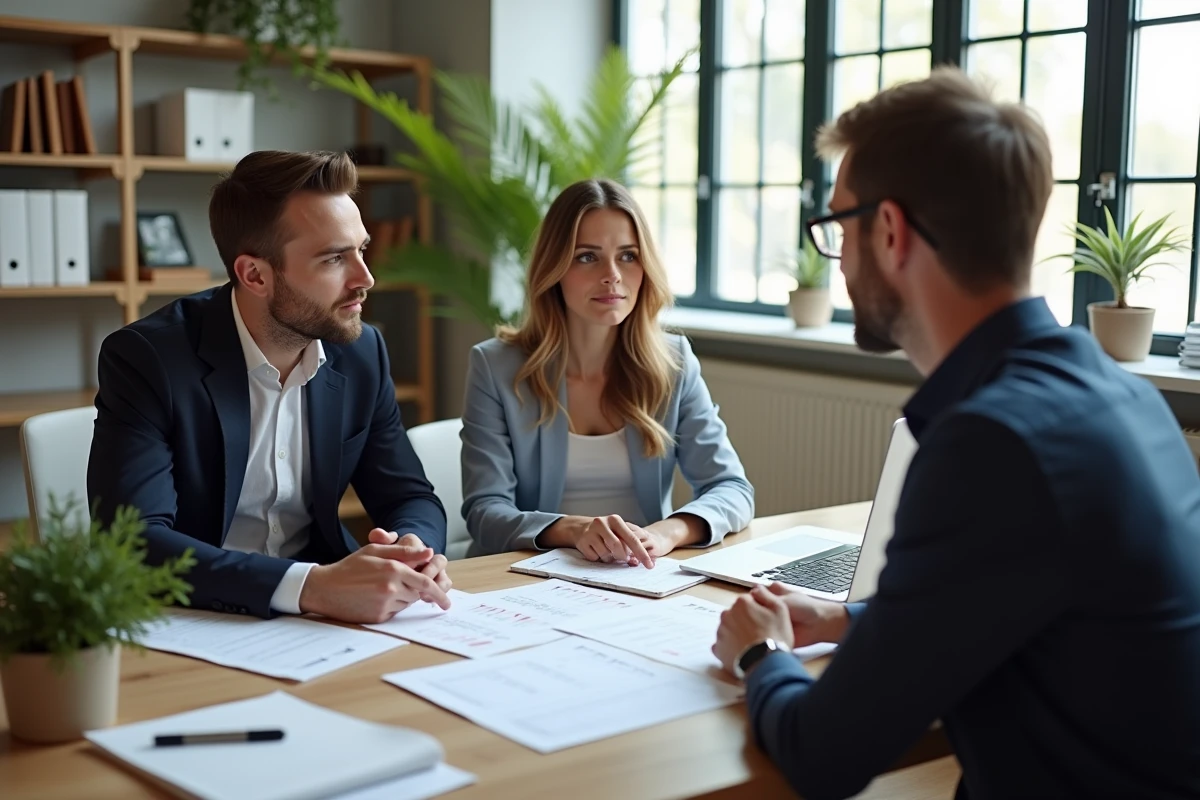 Couple de futurs mariés en consultation avec un wedding planner pour discuter du budget et des prestations