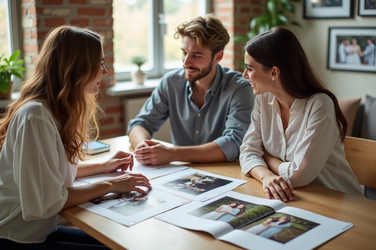 Couple en consultation avec une photographe de mariage pour discuter du tarif et du portfolio