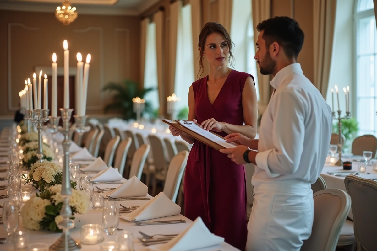 Coordinatrice de mariage vérifiant les détails de la décoration de table avec un traiteur dans une salle de réception
