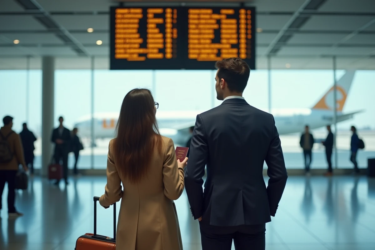 Couple à l'aéroport regardant le tableau des départs pour leur voyage de noces