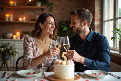 Couple fêtant leurs 5 ans de mariage autour d'une table élégamment dressée avec champagne et gâteau d'anniversaire
