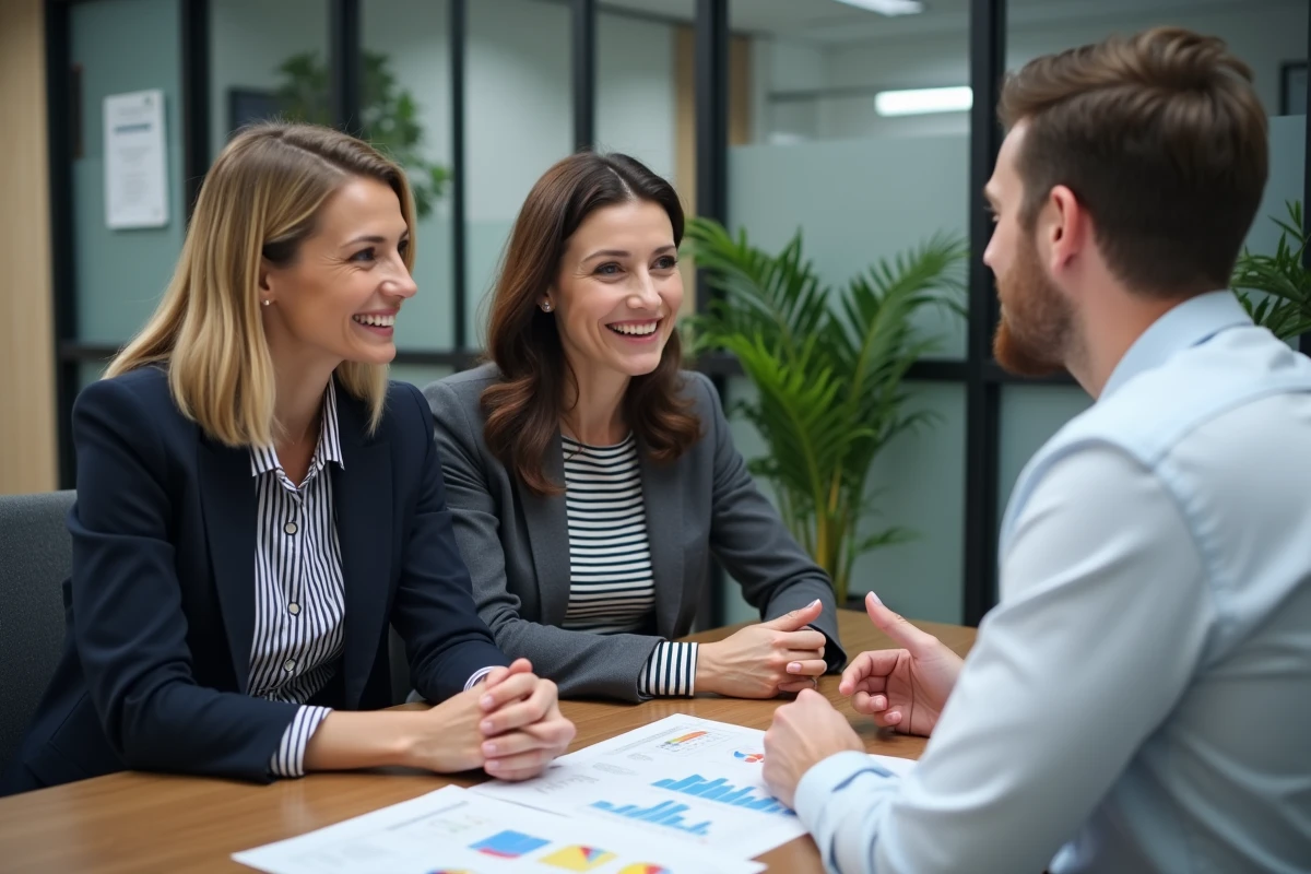 Couple de femmes mariées en consultation avec un conseiller fiscal dans un bureau professionnel pour optimiser leur imposition commune