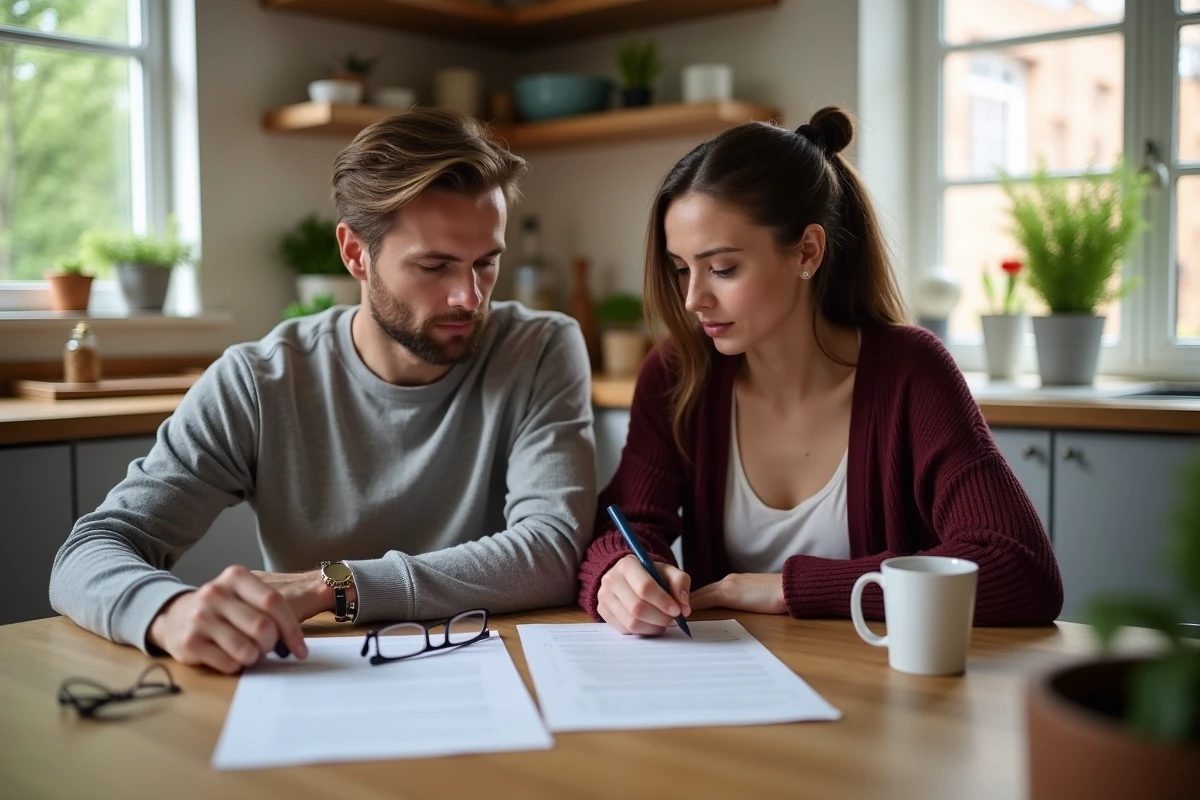 Couple à la maison examinant ensemble un contrat de mariage et discutant de leur intention matrimoniale