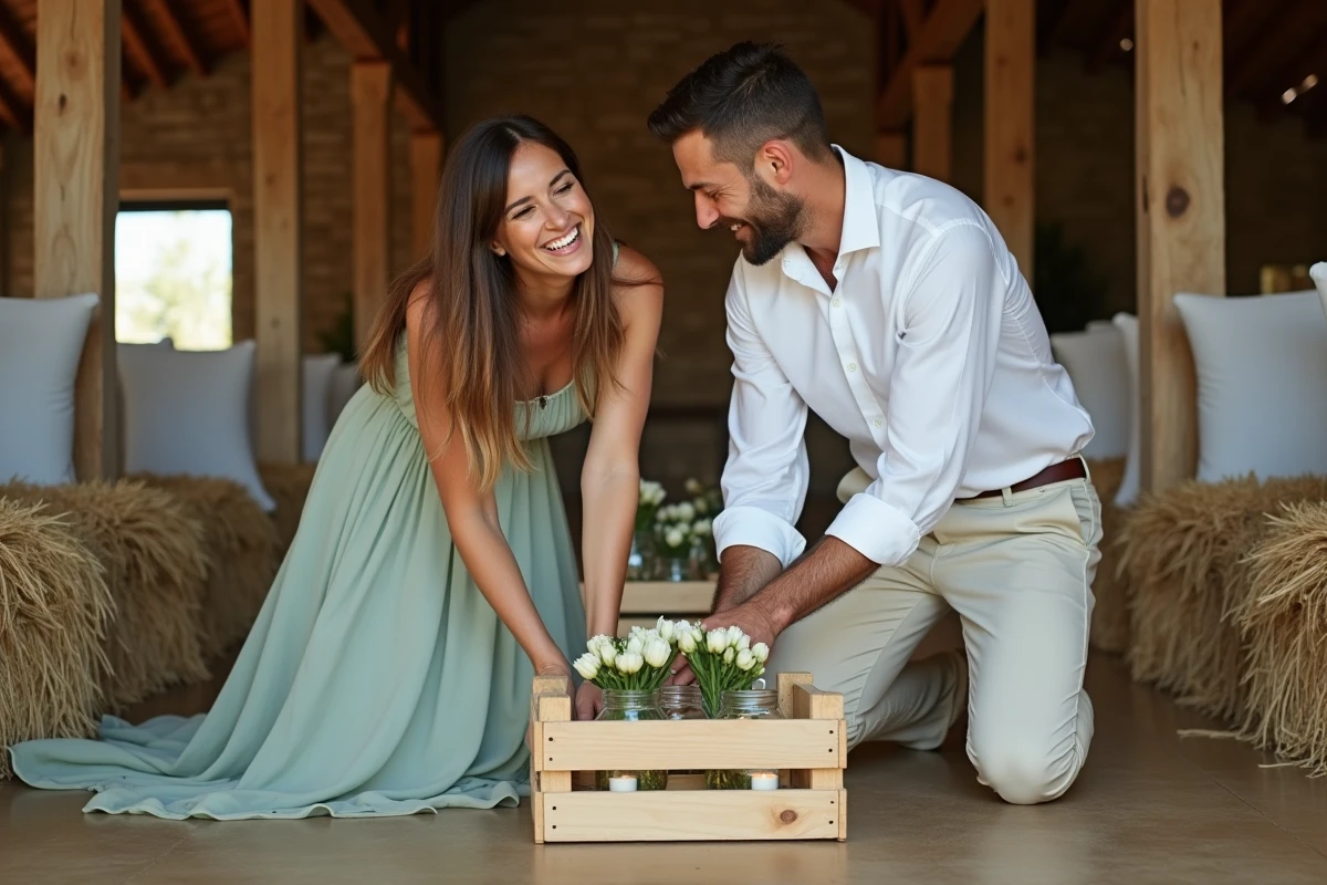 Couple préparant ensemble les décorations de leur mariage dans une grange rustique avec des fleurs et des bougeoirs