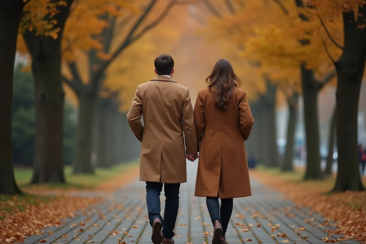 Couple marchant de dos sur une allée pavée en automne, symbolisant l'intimité préservée et le secret autour d'une vie sentimentale
