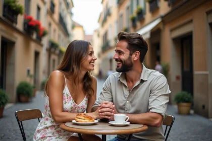 Couple de jeunes mariés souriant et se tenant la main dans un café parisien pendant leur lune de miel