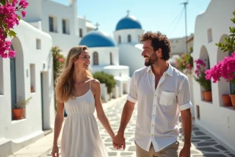 Couple en lune de miel se promenant dans les ruelles de Santorin en Grèce
