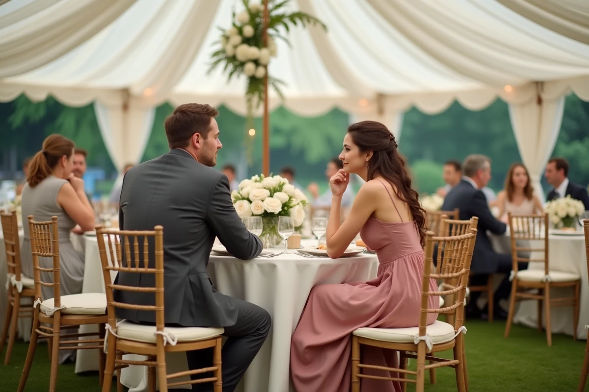 Couple mal à l'aise à une table de réception de mariage en plein air sans cadeau