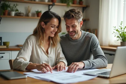 Couple marié en train d'examiner leur déclaration d'impôts commune sur une table en bois dans une cuisine moderne