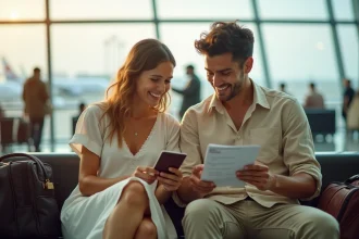 Couple de jeunes mariés à l'aéroport consultant leurs billets avant leur voyage de noces