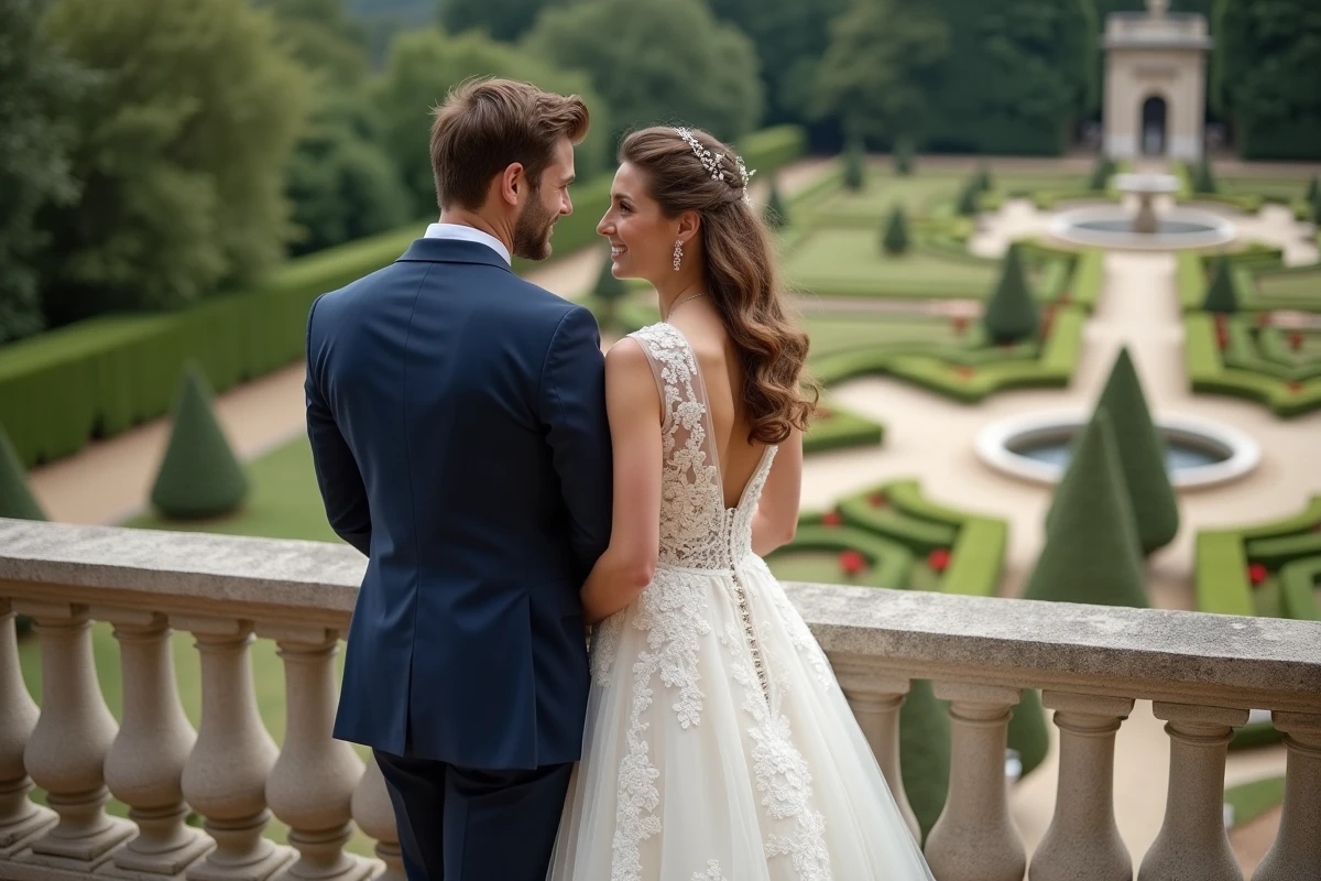 Couple de mariés en tenue de cérémonie sur le balcon d'un château français pour leur lune de miel romantique