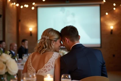 Couple de mariés regardant un diaporama projeté lors de la réception de mariage