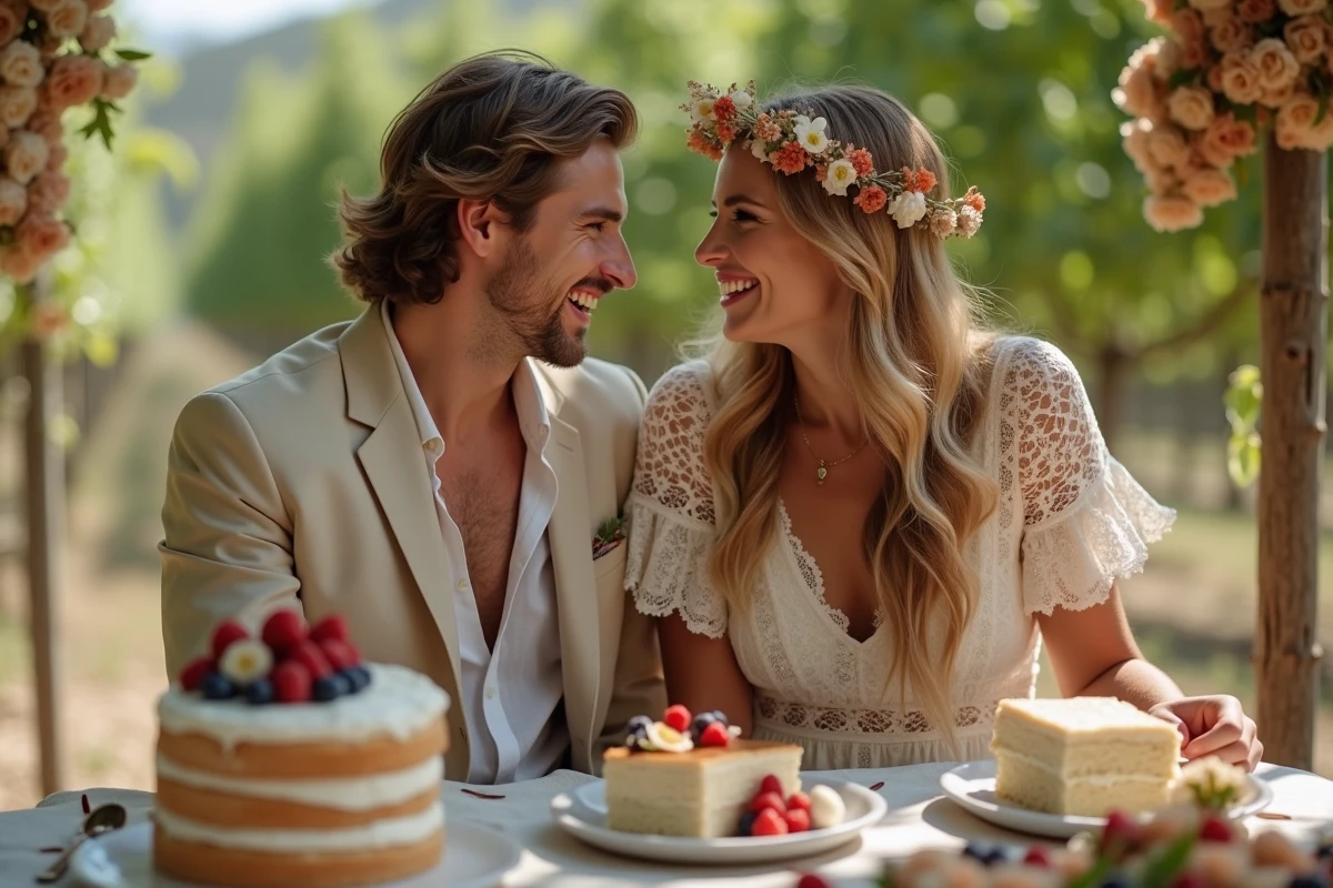 Couple de mariés riant devant une pièce montée rustique lors d'un mariage champêtre bohème en plein air