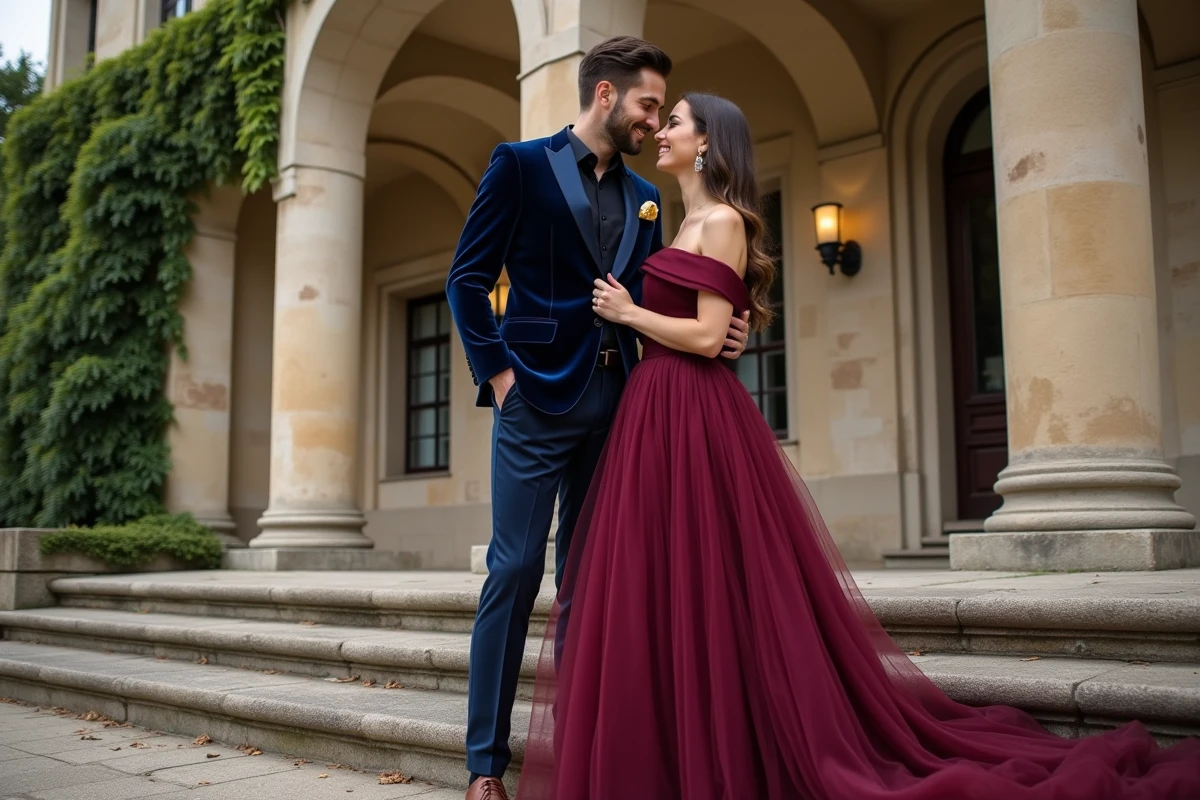 Couple de mariés glamour en velours bleu marine et robe bordeaux devant la façade d'un château en pierre