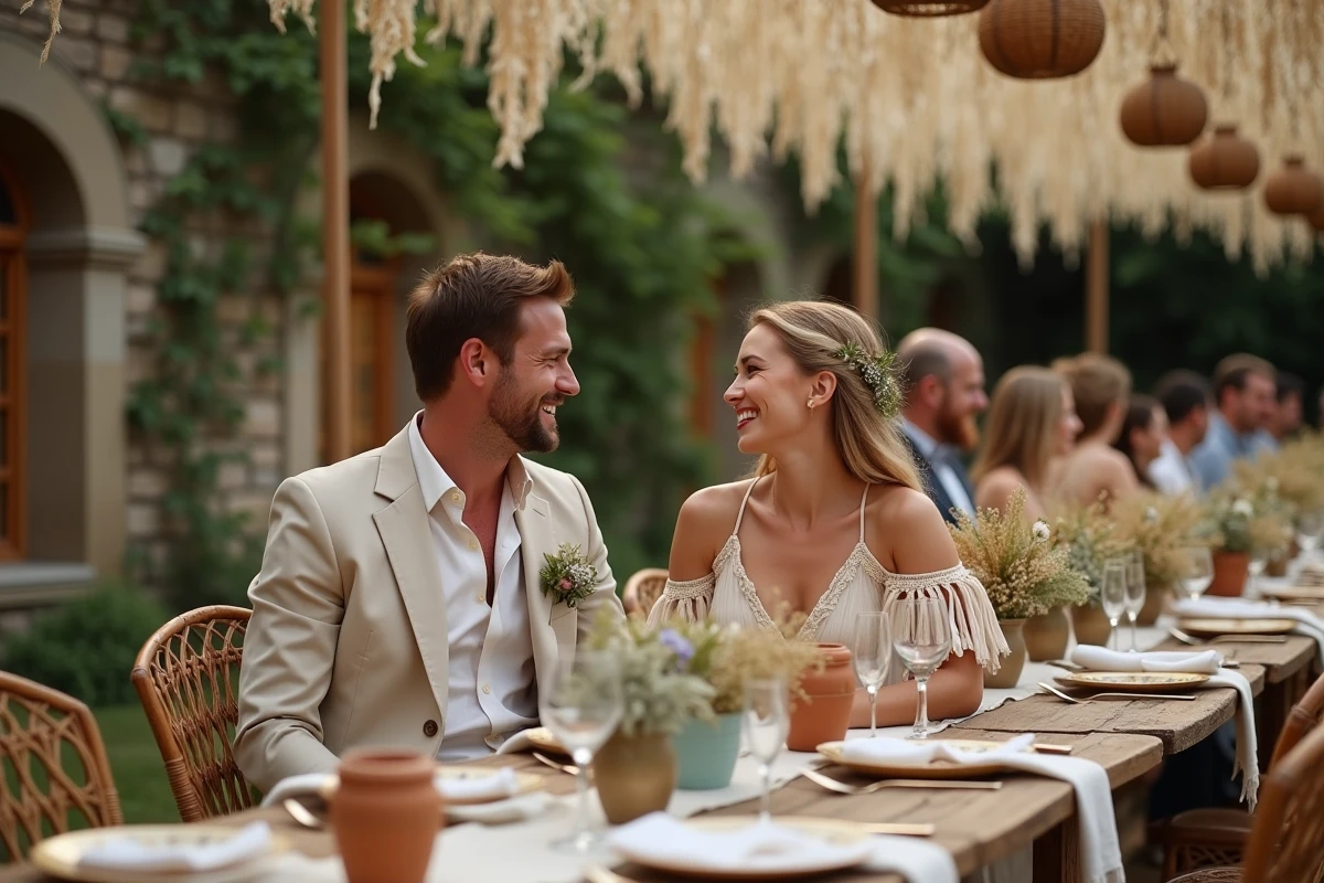 Couple de mariés bohèmes riant à une table de réception en plein air décorée de fleurs séchées et lanternes en rotin