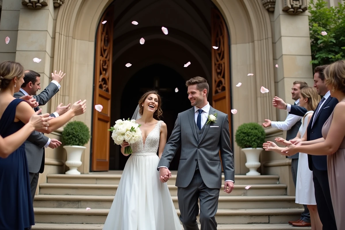 Couple de mariés sortant d'une cathédrale sous une pluie de pétales de roses lors d'un mariage religieux