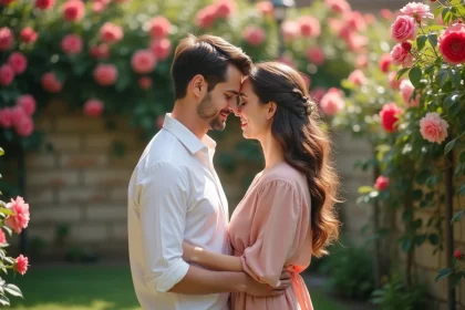 Couple célébrant 17 ans de mariage entouré de rosiers en fleurs dans un jardin romantique